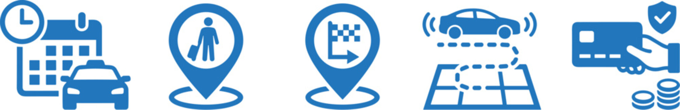 Set of blue taxi and ride sharing service icons featuring navigation and payment symbols on white
