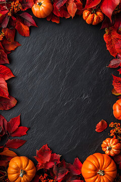 Dark slate flat lay with red autumn leaves border and vast center copy space for seasonal promo poster