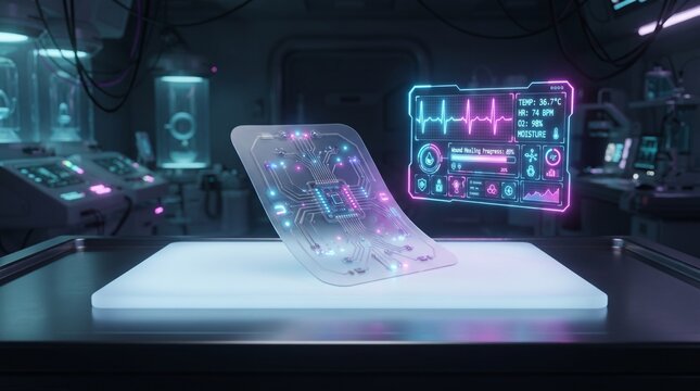 Smart wound patch with glowing sensors and holographic medical interface, futuristic cyberpunk healthcare technology concept in blue and neon pink lighting.