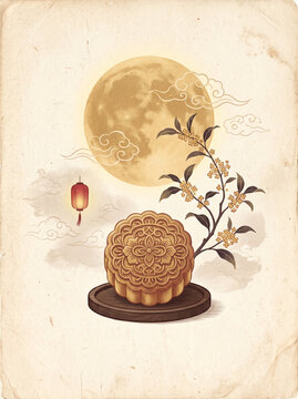 Minimal vintage Chinese Mid-Autumn Festival card, one beautifully detailed traditional mooncake centered beneath a large warm full moon