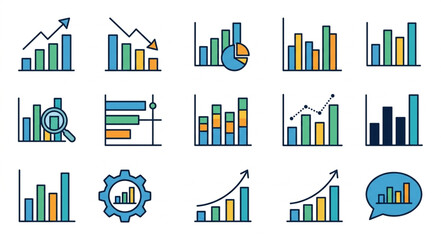 Obraz premium Sleek Colorful Business Analytics Icons Showcasing Diverse Charts Graphs and Data Visualization Tools with Gear and Speech Bubbles