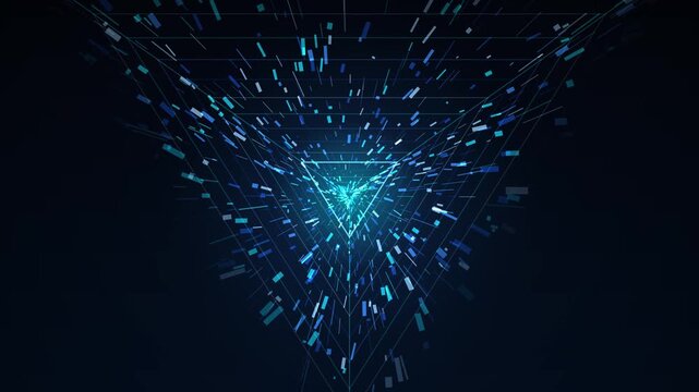 Futuristic digital data stream, glowing blue geometric triangle network, high-tech cyber motion background for science and technology visuals