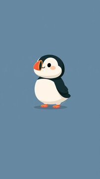 A cute cartoon puffin stands and looks to the side against a simple blue background in this minimalist vector illustration of a small arctic bird