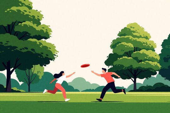 Man and woman play frisbee in a green park on a sunny day. They run and jump on the grass throwing disc between them, enjoying outdoor fun and recreation.