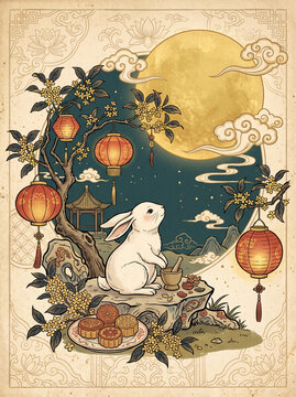 Vintage Chinese Mid-Autumn Festival card illustration, a graceful jade rabbit sitting beneath an oversized golden full moon, surrounded by mooncakes and lantern