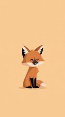 Fototapeta premium A cute cartoon fox with a happy expression sits calmly on a plain light orange background in a simple flat vector illustration style