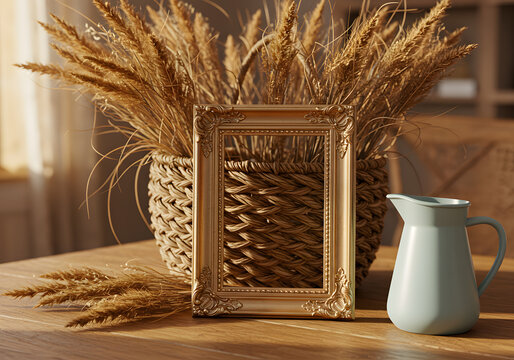 Elegant still life featuring mirror wheat arrangement and blue pitcher