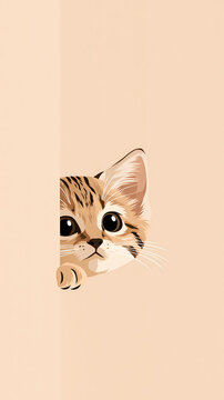 A cute little kitten with large eyes peeks from behind a wall in this minimalist illustration of a curious pet looking toward the camera