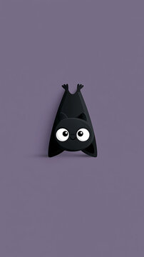 A cute cartoon black bat with large white eyes is hanging upside down against a simple purple background to create a fun and friendly animal illustration