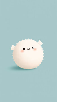 A cute white puffer fish character with a smiling face and blushing cheeks winks at the camera against a simple light blue background