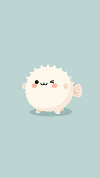 A cute cartoon puffer fish character with a winking expression is floating against a simple light blue background in this minimalist digital illustration