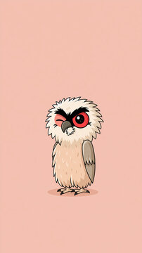 A cute cartoon owl with fluffy feathers stands and winks one eye while looking at the viewer against a simple soft pink background
