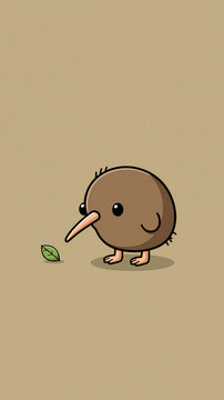 A cute cartoon kiwi bird standing on the ground and looking down at a small green leaf on a simple brown background