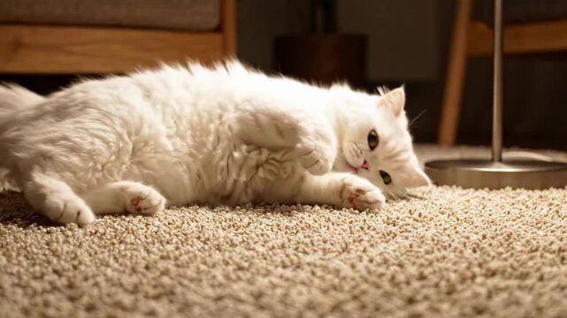Curious fluffy white cat sniffing carpet indoors with soft warm lighting, low angle shot.