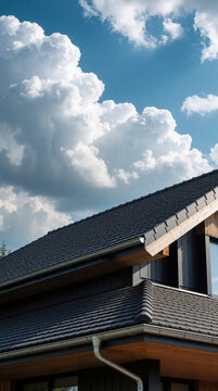 Modern house exterior with dark tile roof, metal gutters. Close up view of home architecture under blue sky with white clouds. Rainwater drainage system installed on contemporary residential