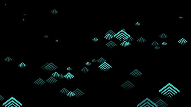 Black background with scattered neon chevron/arrow-shaped layered icons animation