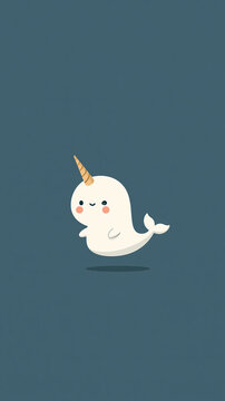 A cute cartoon narwhal swimming in the ocean depicted as a simple flat vector illustration with a friendly and happy expression on a solid blue background