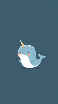 A cute cartoon illustration of a small narwhal with a happy expression swimming against a simple dark blue background