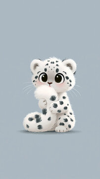 A cute cartoon illustration of a small baby snow leopard sitting and holding its fluffy tail against a solid light blue background