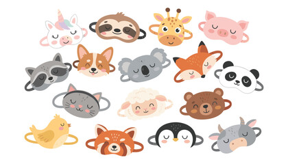 Fototapeta premium Cute animal sleep masks vector set featuring cartoon sleep blindfold characters for bedtime relaxation isolated on white background