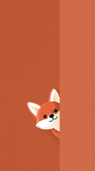 Fototapeta premium A cute cartoon style fox peeking from behind a plain orange wall in a minimalist vector illustration design