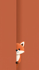 Fototapeta premium A cute cartoon fox peeking from behind a solid orange wall in a simple flat illustration style suitable for children and creative projects