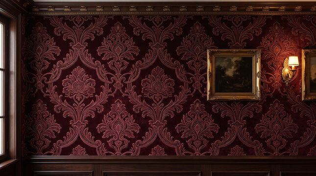 Luxury Interior Wall Featuring Dark Red Damask Wallpaper and Classic Wood Trim.
