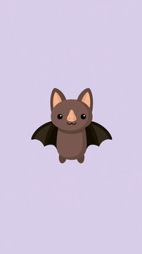 A cute cartoon brown bat with small wings is standing and smiling on a soft light purple background for a friendly design
