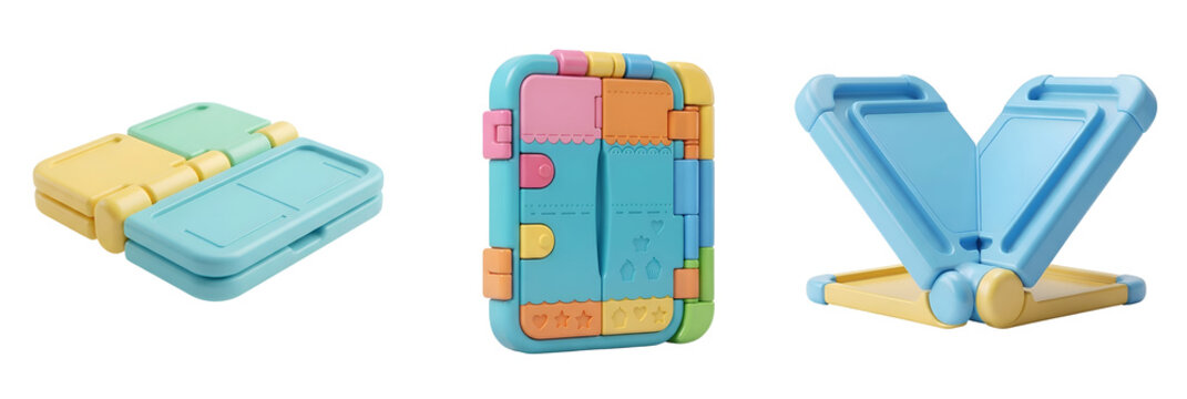 Colorful plastic folding toy stands for tablets and smartphones featuring soft pastel tones and smooth rounded edges in a collection of three items on transparent background