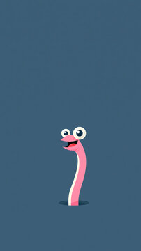 A cute pink cartoon worm with large eyes pops out of a hole in the ground against a solid blue background