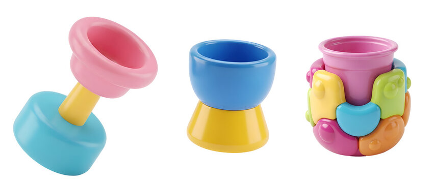 Colorful plastic toy building blocks and stackable cups rendered in vibrant 3d style for creative children playing with educational shapes arranged neatly on transparent background