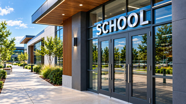 Modern School Building Entrance with Contemporary Educational Architecture and Outdoor Campus
