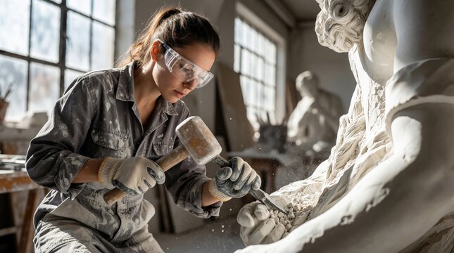Woman sculptor uses hammer and chisel on stone statue in dusty art studio. Focused artist works on sculpture creation, shaping marble with skill and passion.