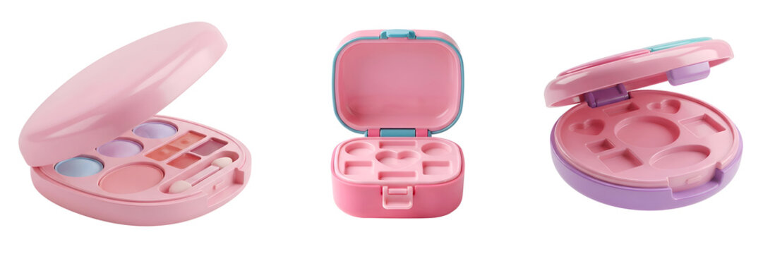Plastic makeup toy palettes featuring pastel pink colors and various small compartments for pretend beauty play sessions displayed in three distinct positions on transparent background