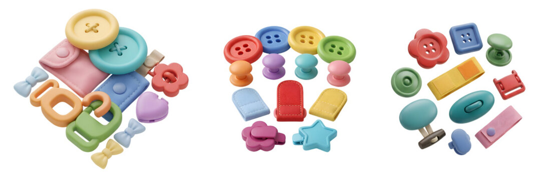 Colorful collection of various sewing notions and clothing fasteners featuring plastic buttons clips and fabric straps rendered in soft matte textures isolated on transparent background
