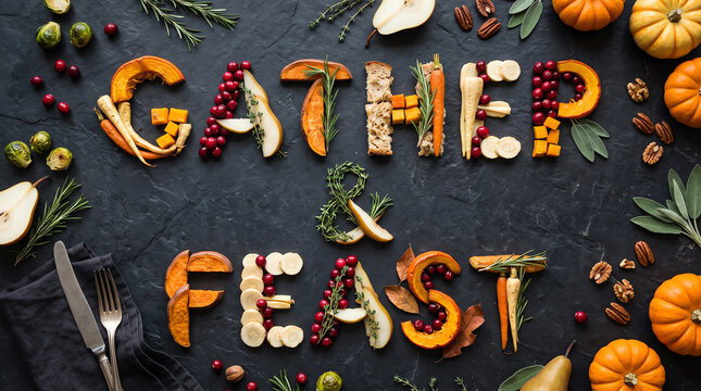 Gather and feast lettering made of fresh autumn fruits and vegetables on a dark background