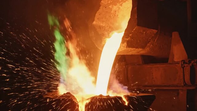 Molten metal flows from furnace into casting trough as flames flare and sparks burst outward. High temperature foundry work creates dramatic industrial atmosphere filled with energy and heat.