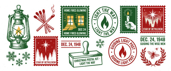Retro Christmas mailing cards feature warm glowing fires and shining stars in festive designs ready for holiday greetings © Bro_Nuel 88