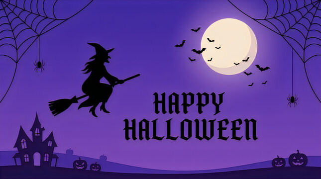 Halloween greeting card with witch silhouette flying on broomstick across a full moon, spooky purple night background with haunted house and jack o lantern pumpkins. Happy Halloween typography
