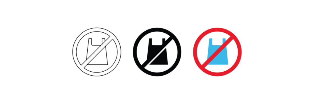 No plastic bag icon featuring prohibition symbols, single-use plastic ban, environmental protection, waste reduction, and recycling awareness