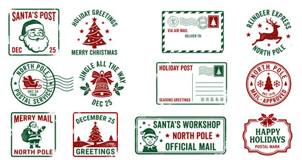 Festive holiday mail stamps and labels featuring cheerful winter themes, Santa Claus, trees, and joyful messages ready for sending greetings © Bro_Nuel 88