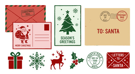 Festive vintage Christmas card collection featuring sleighs reindeer gifts trees and holiday mailing stamps for joyful winter season greetings © Bro_Nuel 88