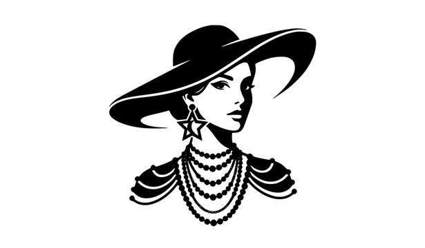 Fashion Diva Black Silhouette &ndash; Woman with Hat Pearls and Star Earrings Vector