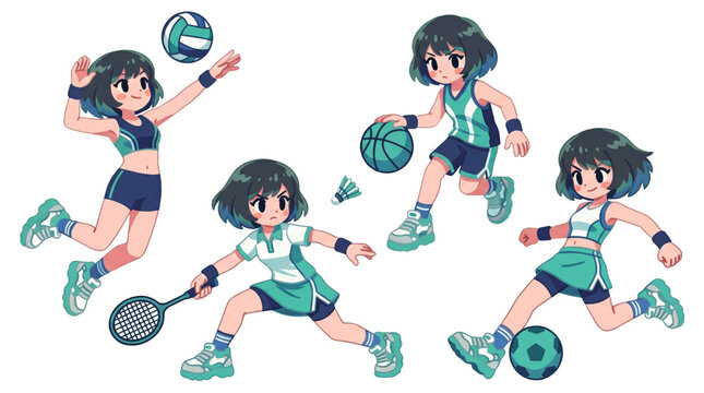 Sports Colorful 3D Cartoon Character with Playful Expression and Modern Creative Design, basketball, soccer, football, volleyball, badminton
