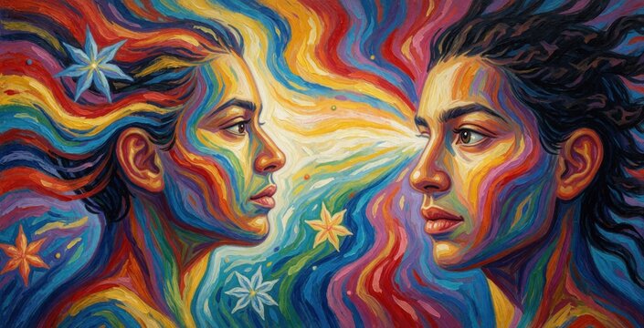 Abstract faces connect through vibrant rainbow waves, symbolic stars. Figures process information, stimuli through colorful visual, auditory channels, representing deep thought, connection.
