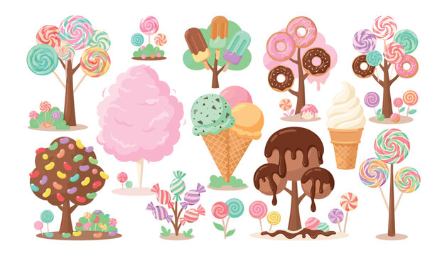 Sweet candy land vector illustration set featuring whimsical trees made of lollipops ice cream donuts and cotton candy on white