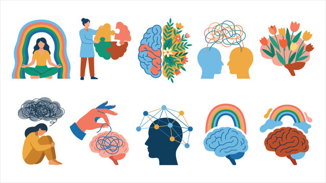 Mental health and psychology concept illustrations set isolated on white background