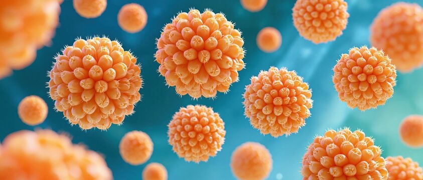 Orange spherical pollen grains floating against blue background, abstract macro view