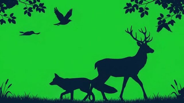 Forest animal silhouettes with stag and wolf walking through grass under flying birds on vibrant green background vector graphic illustration