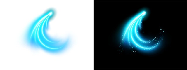 Glowing blue light effect swish with sparkling magic stardust trails, abstract swirl line vector illustration isolated on transparent background © Vc